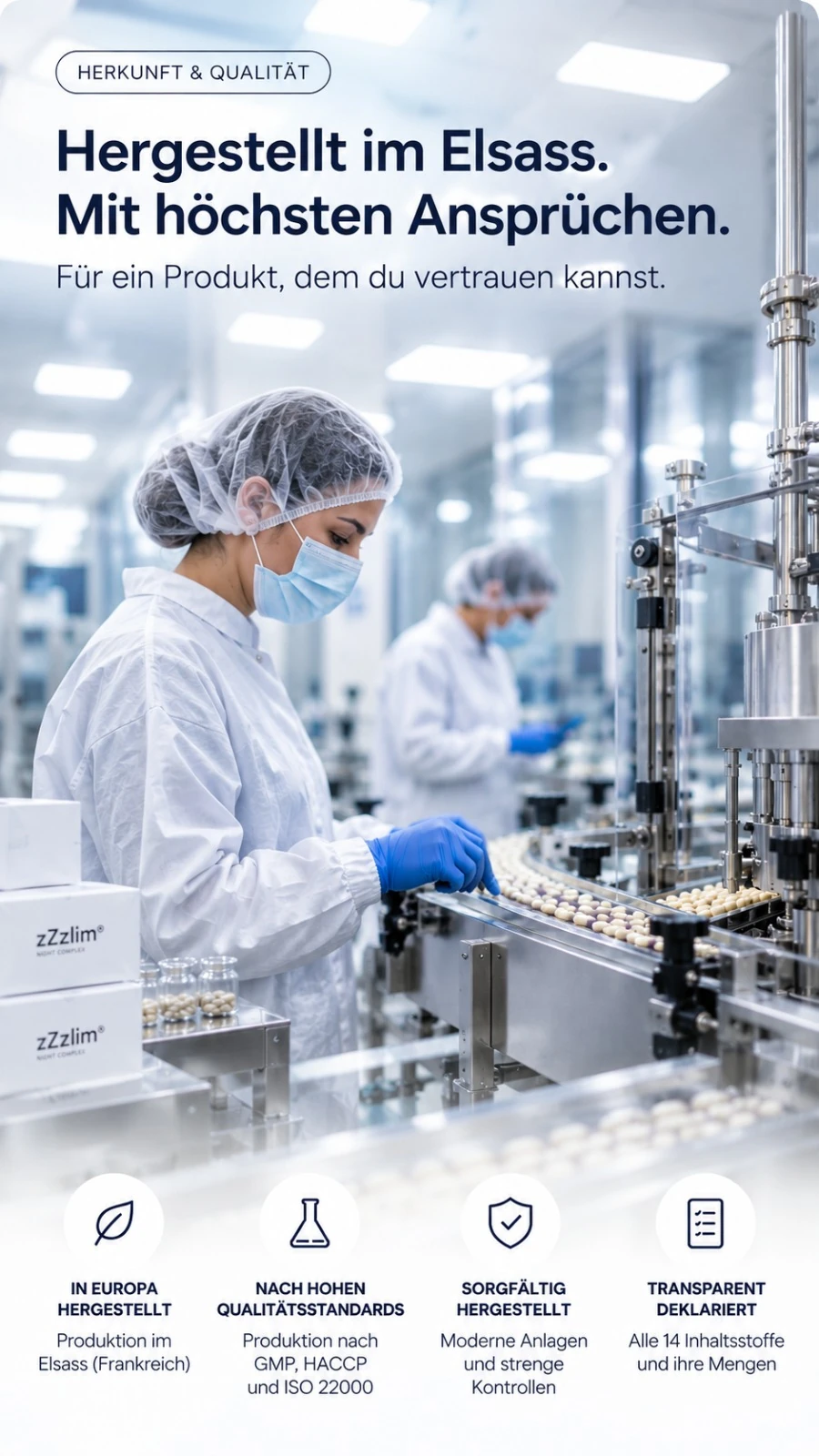 Herkunft und Qualitaet: Mitarbeiterin in Schutzkleidung an der Abfuellanlage, Hergestellt im Elsass. In Europa hergestellt, nach hohen Qualitaetsstandards GMP, HACCP und ISO 22000, sorgfaeltig hergestellt, transparent deklariert mit allen 14 Inhaltsstoffen und ihren Mengen.