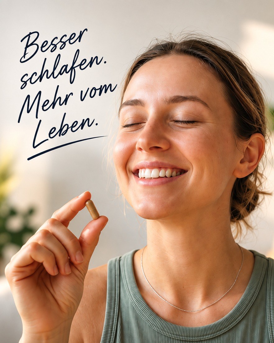 Frau haelt eine zZzlim-Kapsel zwischen den Fingern, daneben der Schriftzug Besser schlafen. Mehr vom Leben.